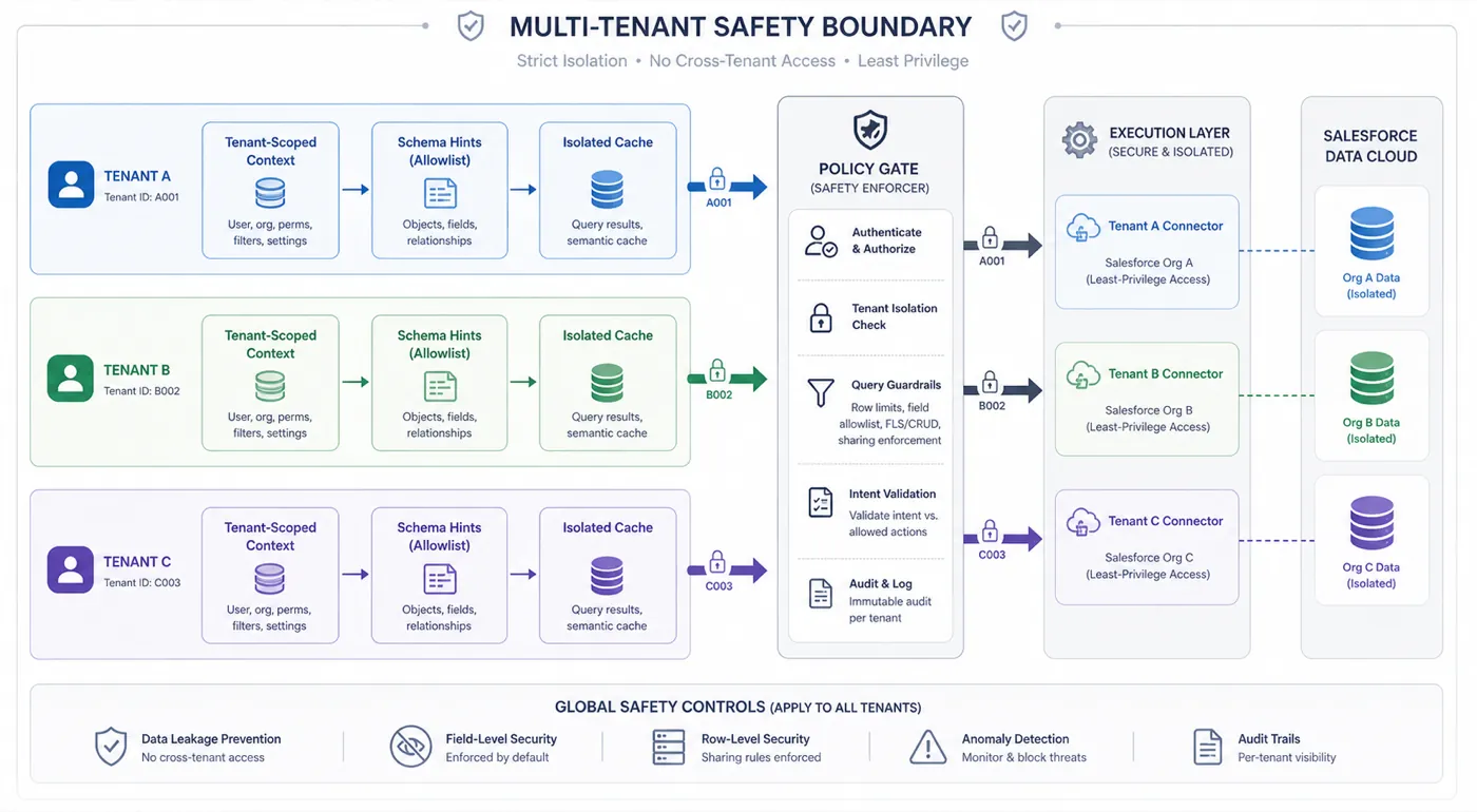 Security boundary diagram showing tenant-scoped context, cache, and connector access isolation